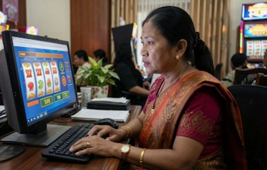 Asian woman checks a slot game