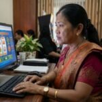 Asian woman checks a slot game