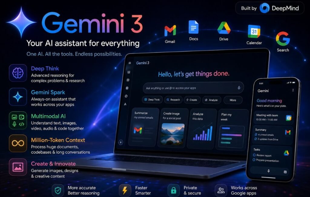Gemini 3 AI interface showcasing multimodal features and Google Workspace integration